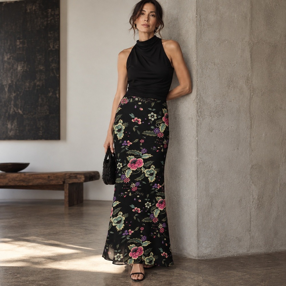 Vivienne Tam Vintage Y2K Black Floral Mesh Lined Maxi Skirt Sz 1 XS